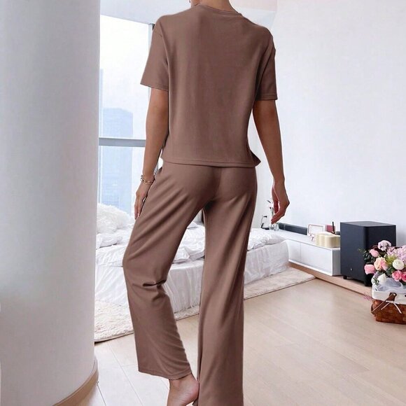Coffee Brown Women's Slit Hem Top And Tie Waist Pants Lounge Set - Picture 2 of 3